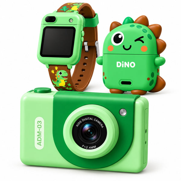 PAK-AH-BOO Dinosaur kids camera watch 3 in 1 – green kids digital camera, smart watch and dino pendant case