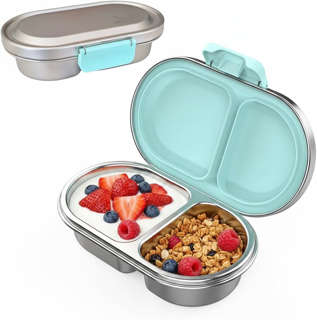 PAK-AH-BOO green stainless steel bento snack box for kids, 400ml with 2 compartments, filled with berries and granola