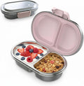 PAK-AH-BOO pink stainless steel bento snack box for kids, 400ml with 2 compartments, filled with yoghurt, berries and granola