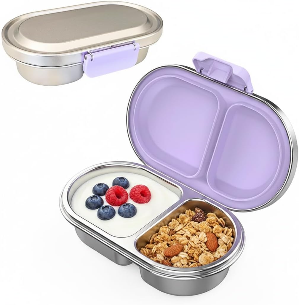 PAK-AH-BOO purple stainless steel bento snack box for kids, 400ml with 2 compartments, filled with yoghurt, berries and nuts