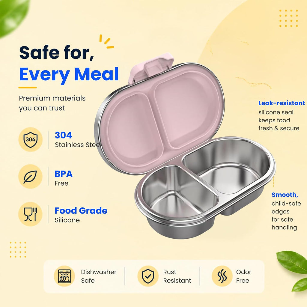 Safe snack box materials – 304 stainless steel, BPA free, food grade silicone seal, dishwasher safe