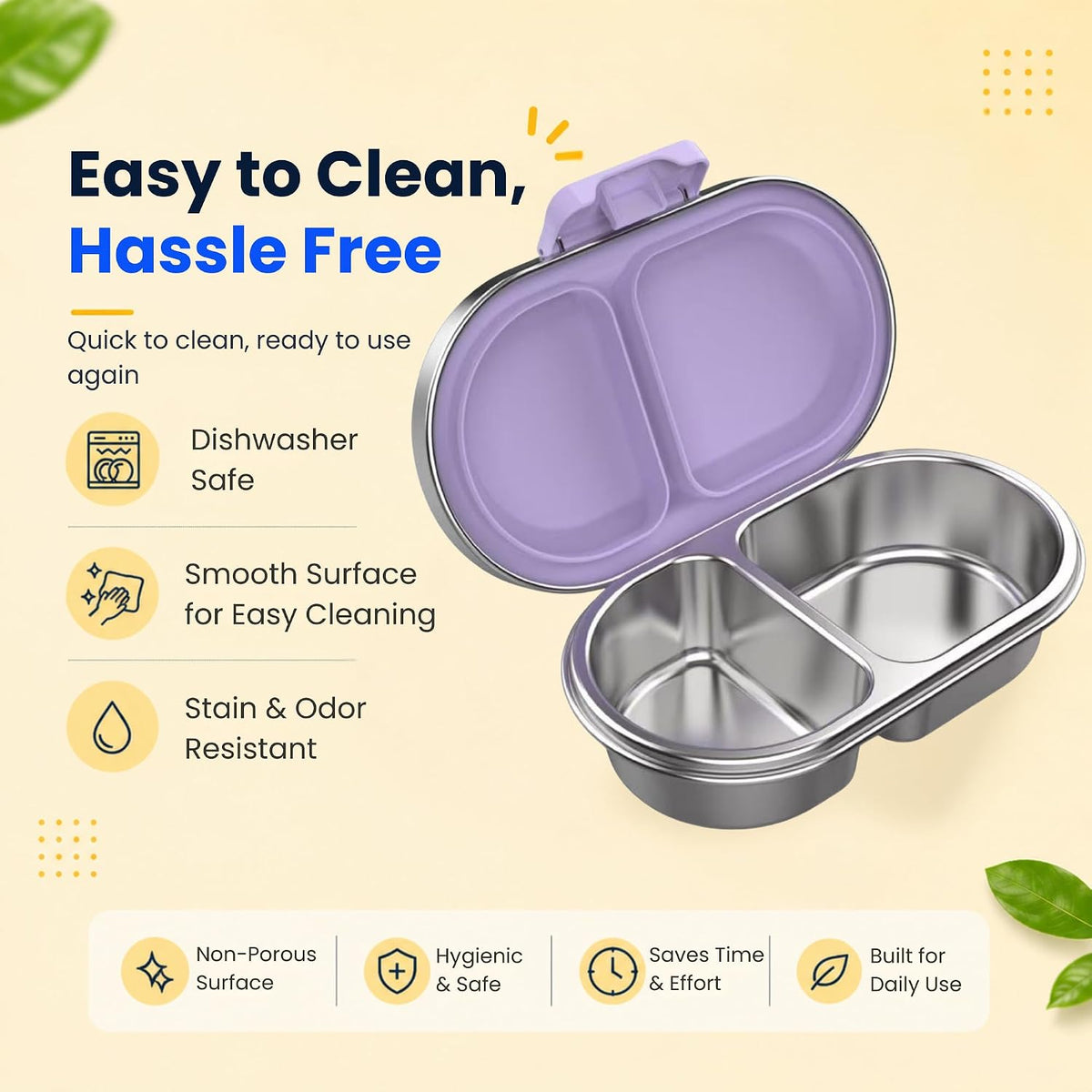 Easy to clean dishwasher safe purple stainless steel snack box with smooth surface