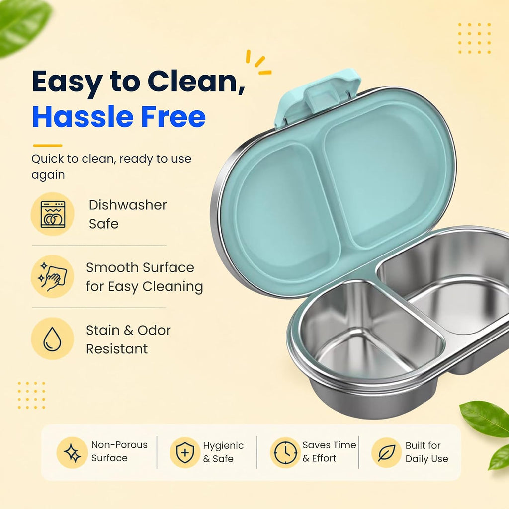 Easy to clean dishwasher safe green stainless steel snack box with smooth surface