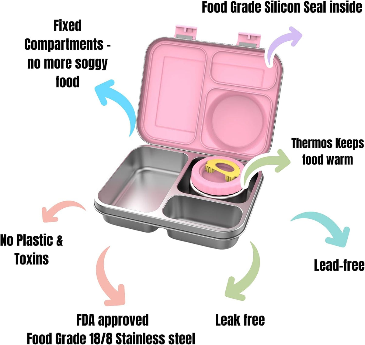 Pink lunch box features – fixed compartments, food grade silicone seal, thermos keeps food warm, leak free, 18/8 stainless steel