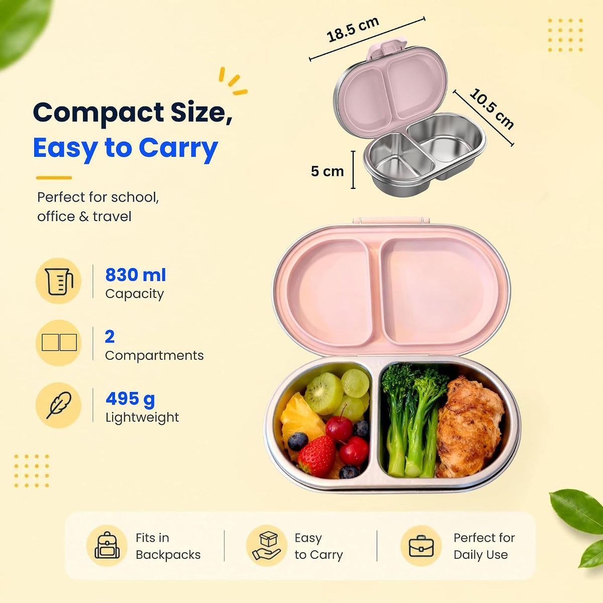 Compact lightweight kids snack box with 2 compartments – easy to carry for school, kindy and travel