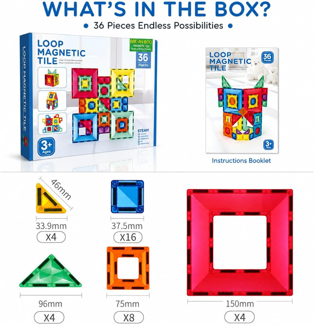 What's in the box – 36 piece loop magnetic tiles set with triangles, squares, large squares and instruction booklet