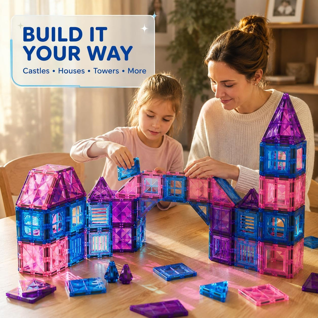 Mum and daughter building a princess castle with pink and purple magnetic tiles