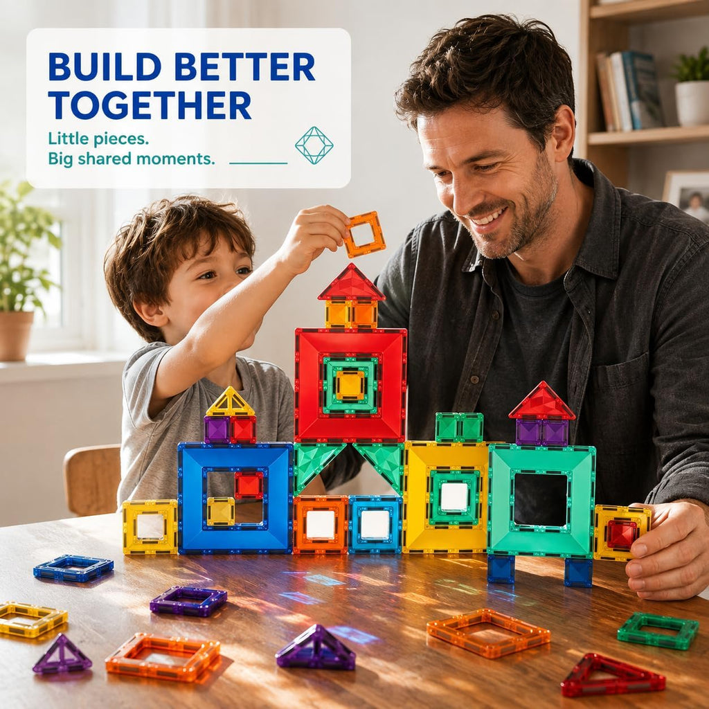 Dad and son building with colourful 36 piece magnetic tiles – STEM building toy for kids 3-8