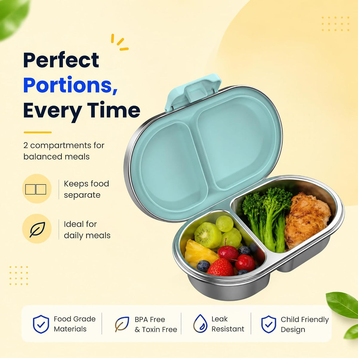 Green 2 compartment kids snack box for perfect portions – stainless steel bento container
