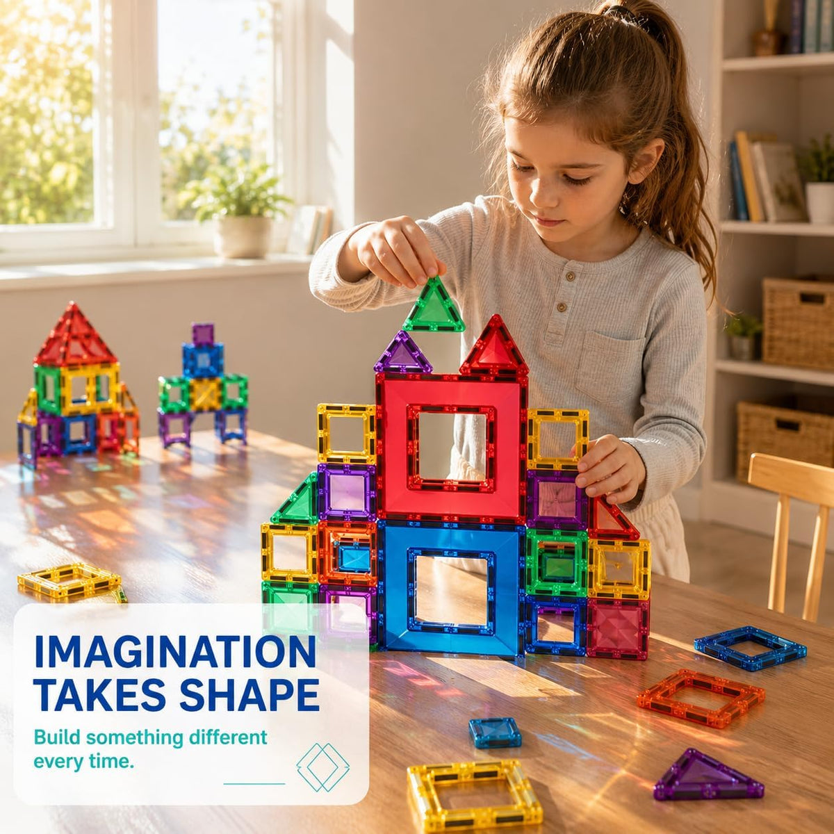 Girl building a colourful house with magnetic tiles – Montessori educational toy for kids
