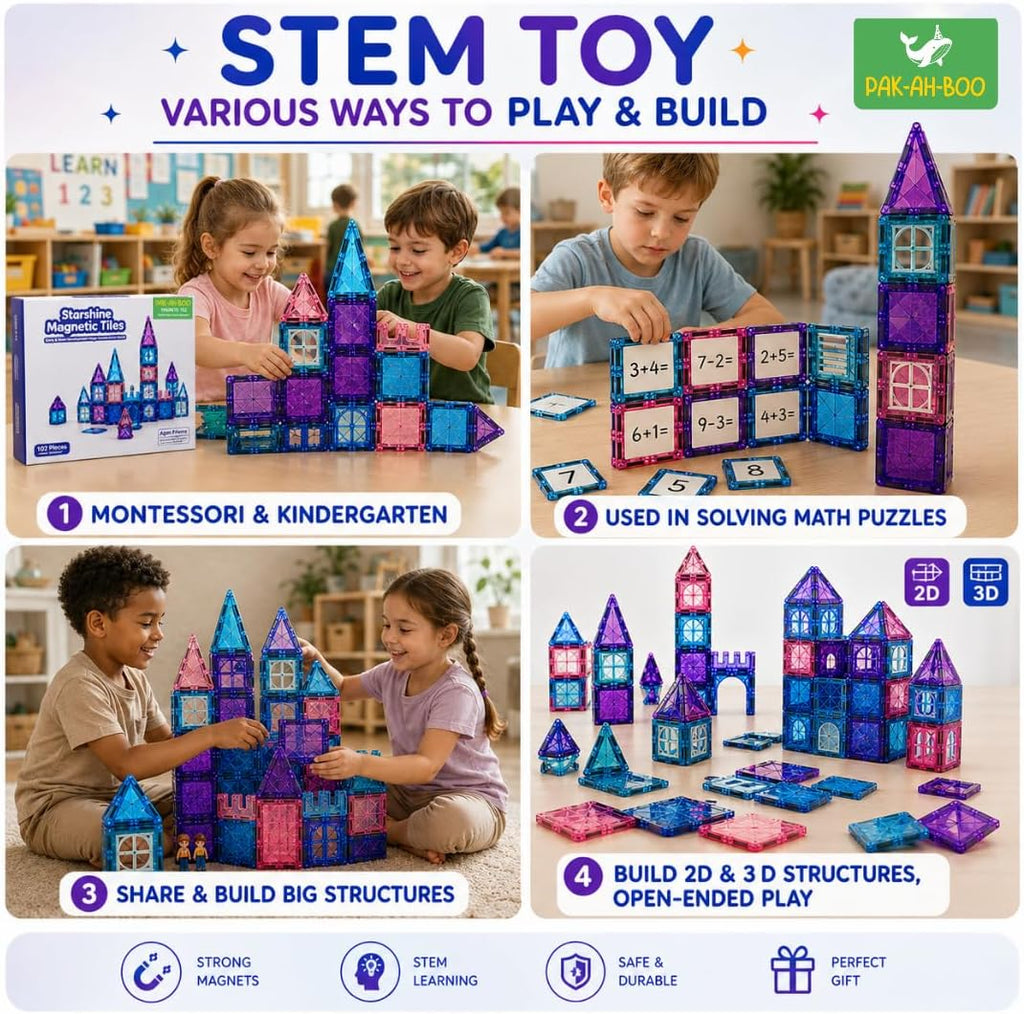 STEM toy magnetic tiles for Montessori learning, maths puzzles and building 2D and 3D castle structures