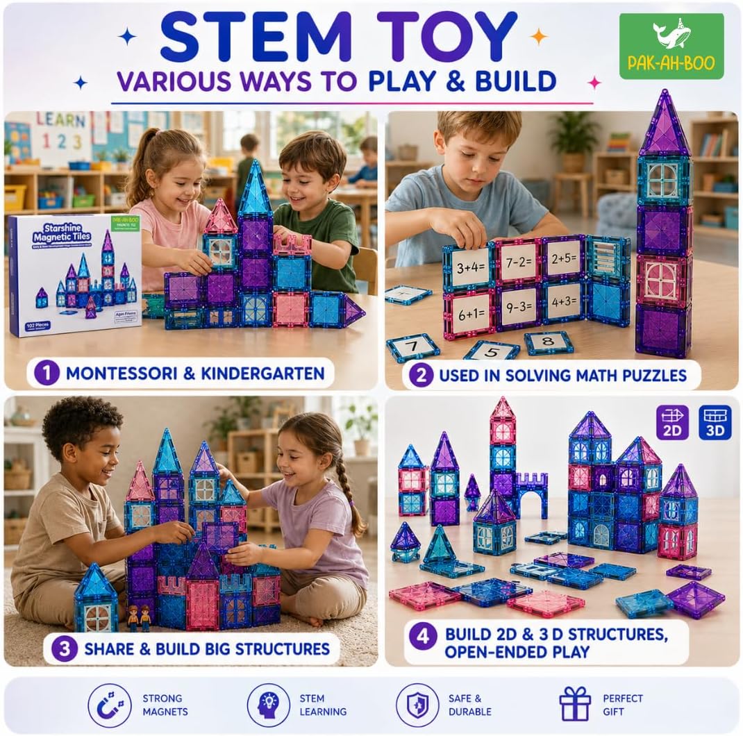 STEM toy magnetic tiles for Montessori learning, maths puzzles and building 2D and 3D castle structures