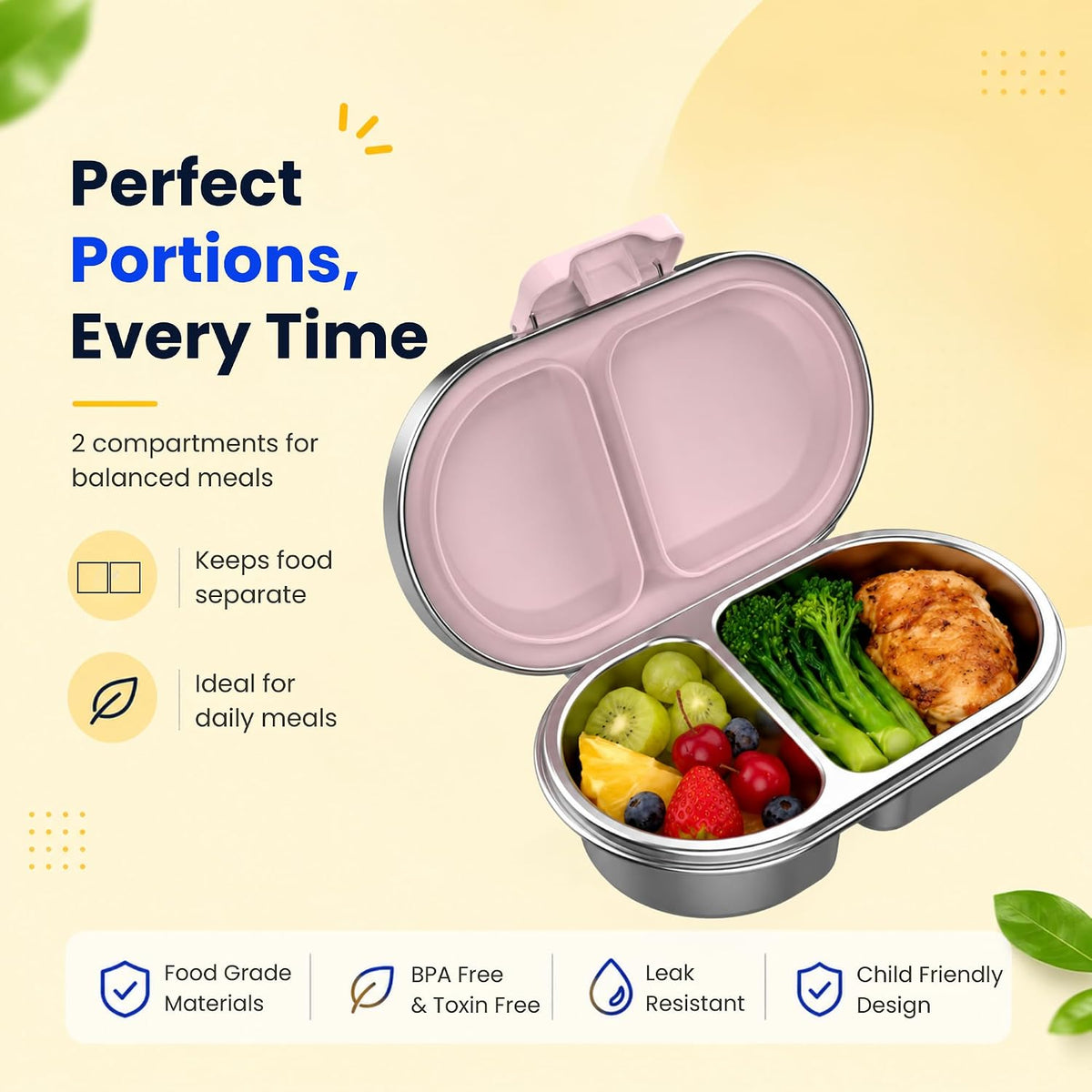 Pink 2 compartment snack box for perfect portions – keeps fruit, veggies and snacks separate