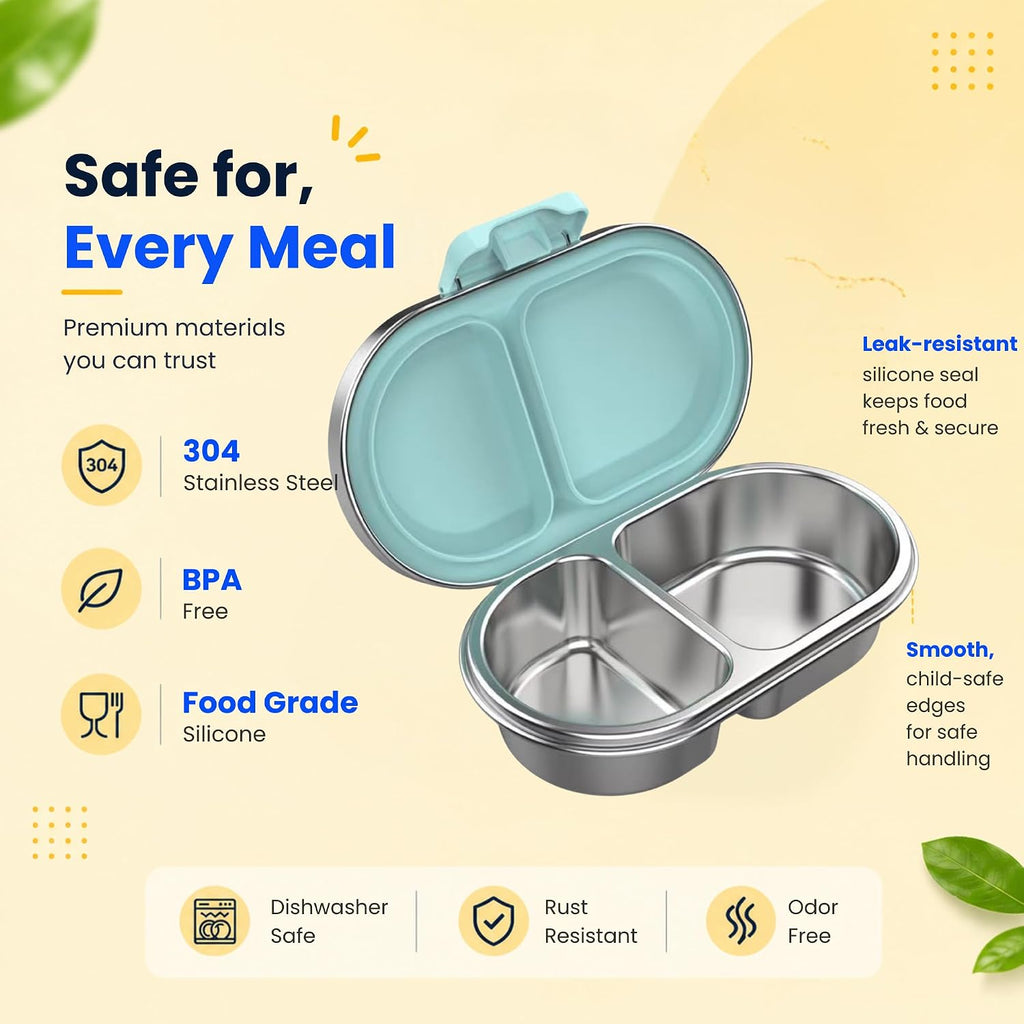Green stainless steel snack box made from 304 stainless steel, BPA free with food grade silicone seal