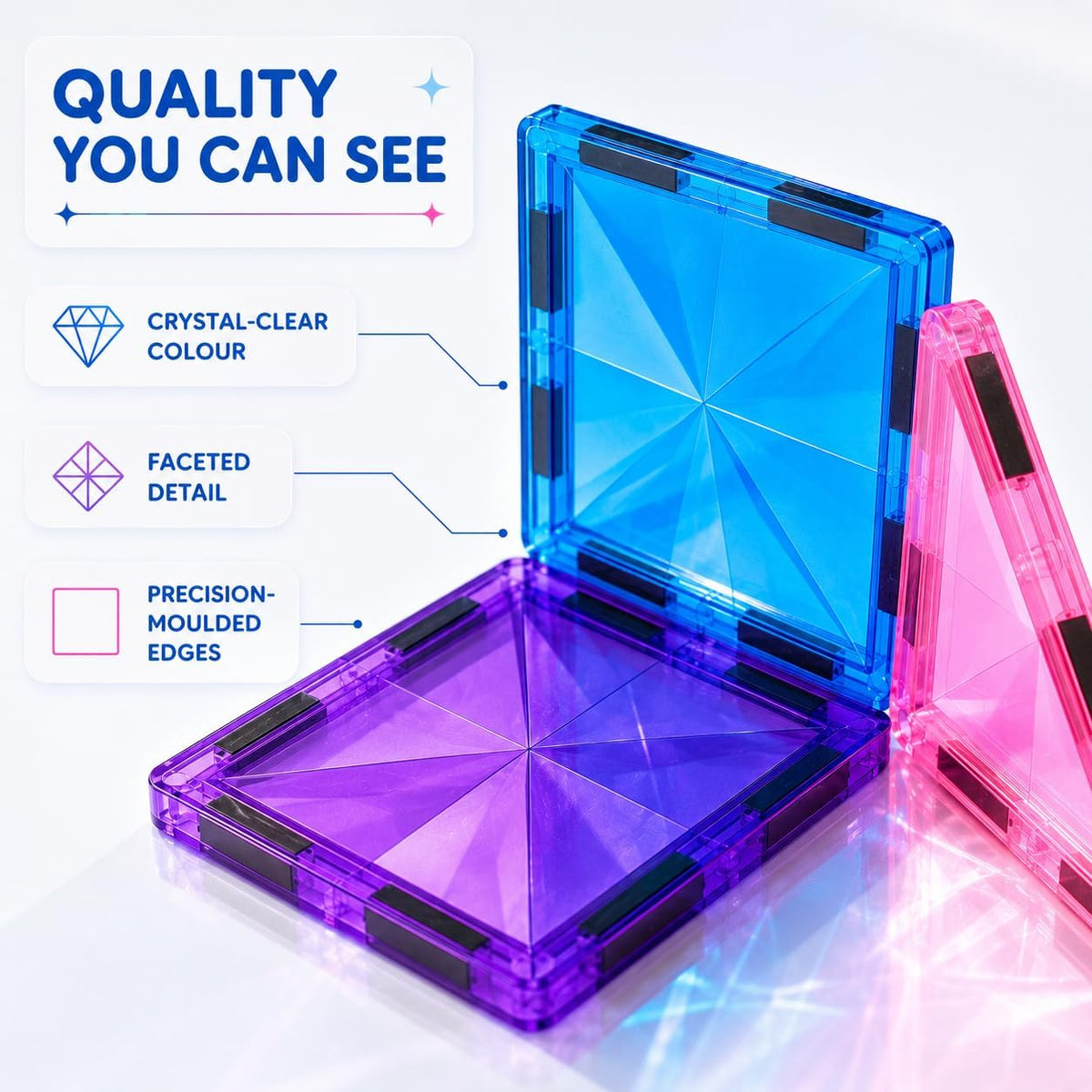 Close-up of crystal clear 3D diamond magnetic tiles in blue, purple and pink with precision-moulded edges
