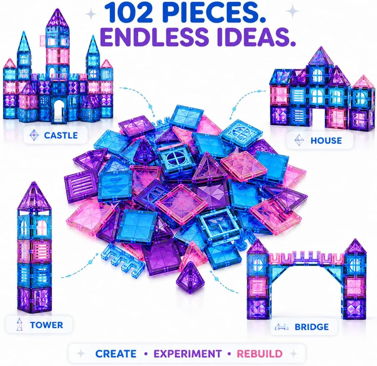 102 piece princess castle magnetic tiles with endless building ideas – castle, bridge and towers