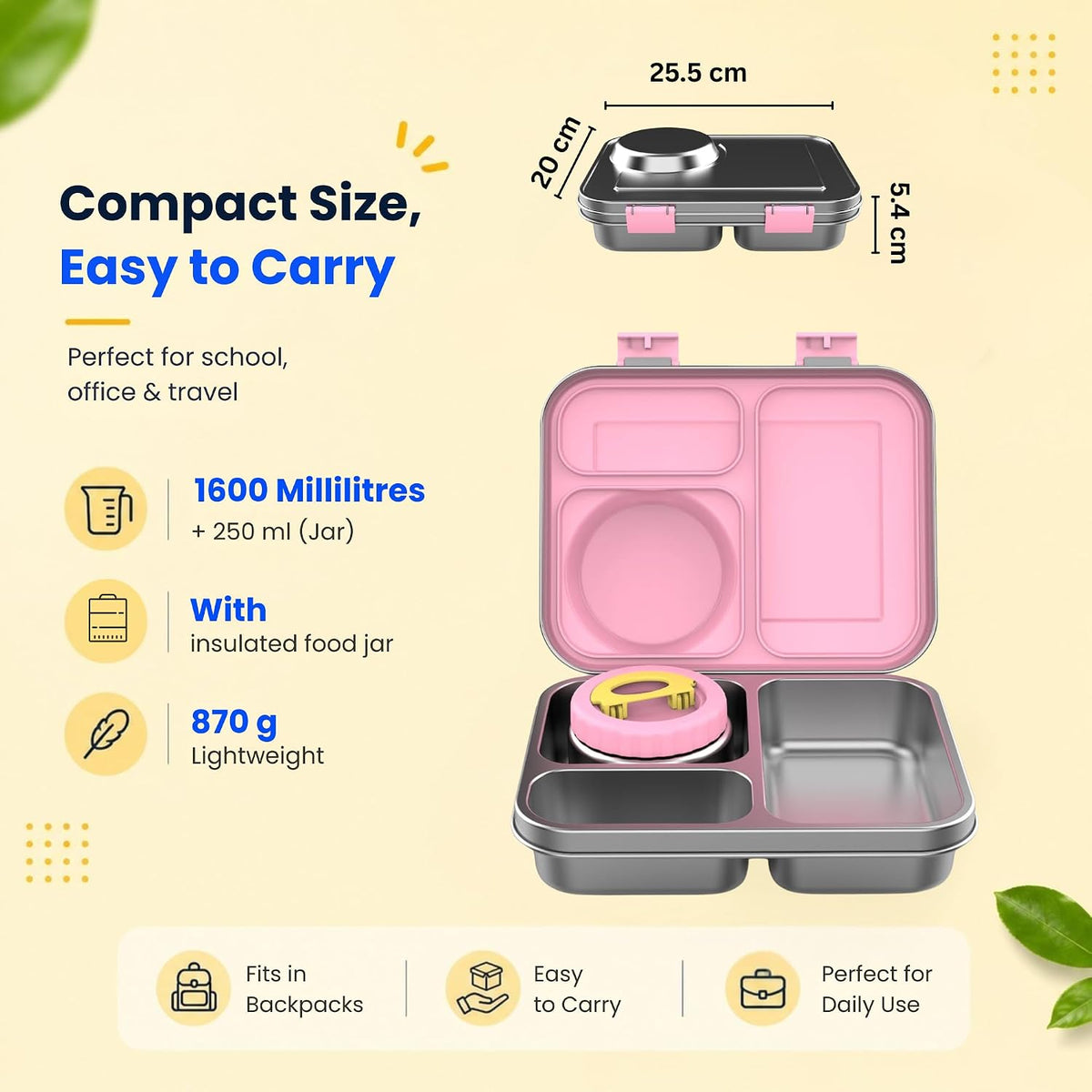 Compact lunch box size 25.5 x 20 x 6.5 cm, 1600ml capacity, 870g – easy to carry for school and work