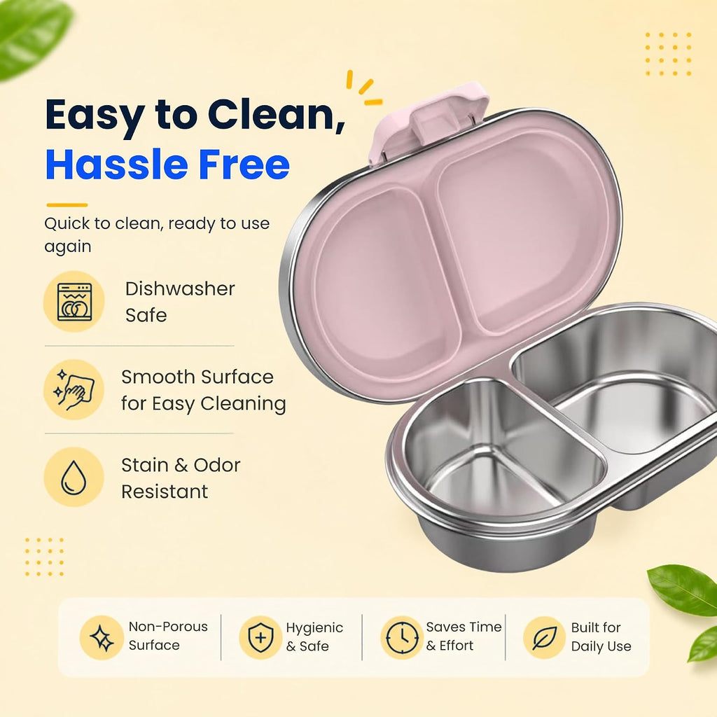 Easy to clean dishwasher safe stainless steel snack box with smooth stain resistant surface