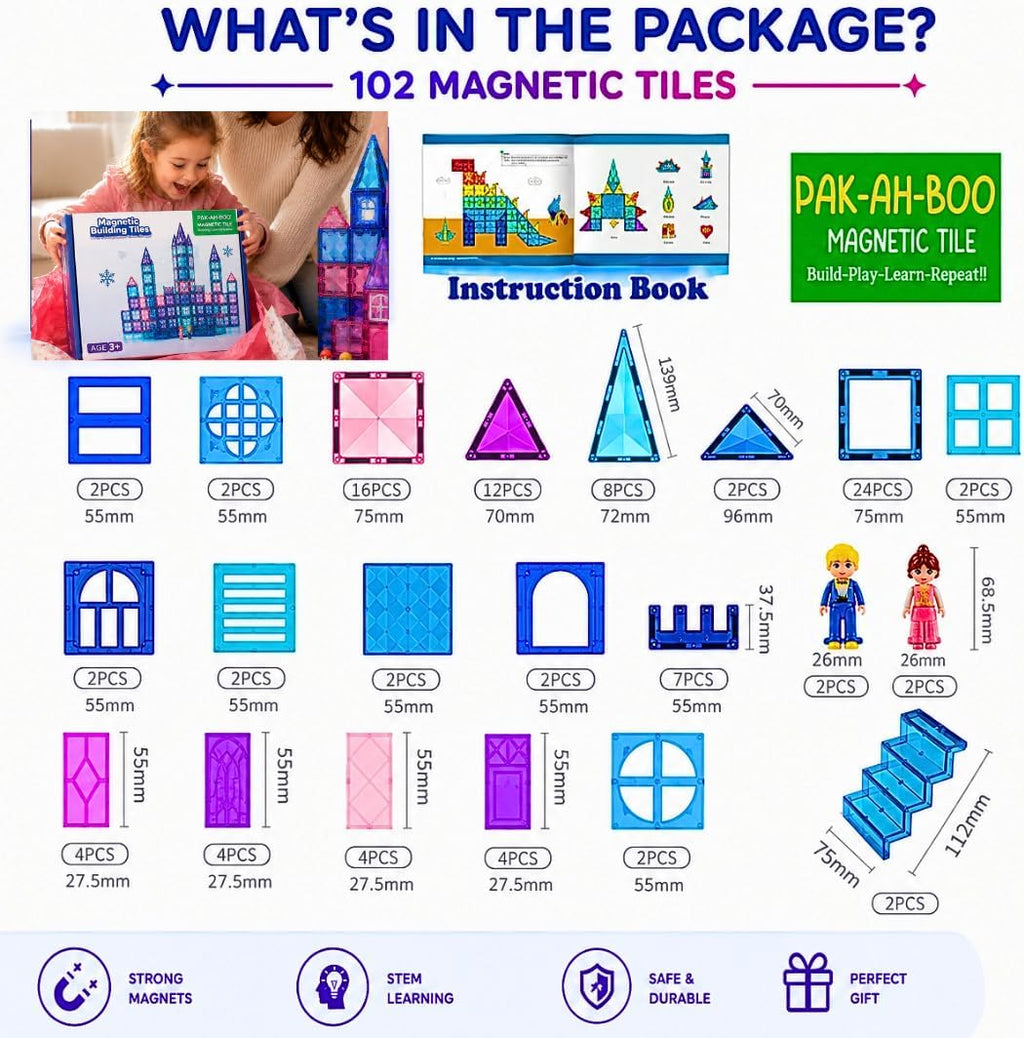 What's in the box – 102 piece magnetic tiles set with squares, triangles, windows, doors, figures and instruction book