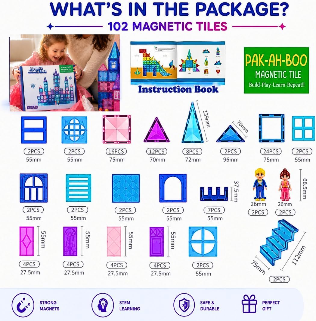 What's in the box – 102 piece magnetic tiles set with squares, triangles, windows, doors, figures and instruction book