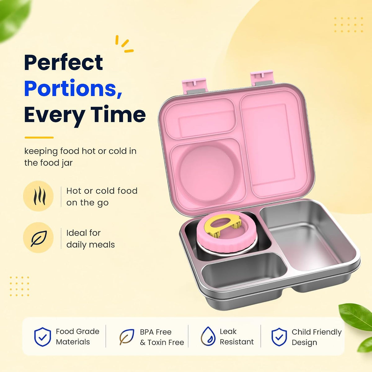 Pink stainless steel bento lunch box with compartments for perfect portions and insulated food jar