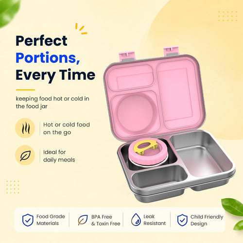 Pink stainless steel bento lunch box with compartments for perfect portions and insulated food jar