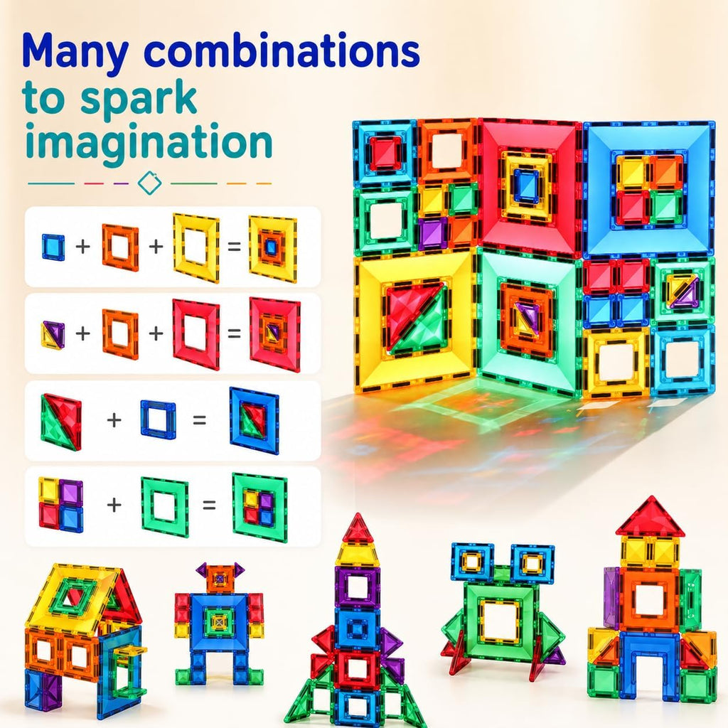 Many magnetic tile combinations to spark imagination – build towers, rockets, robots and houses