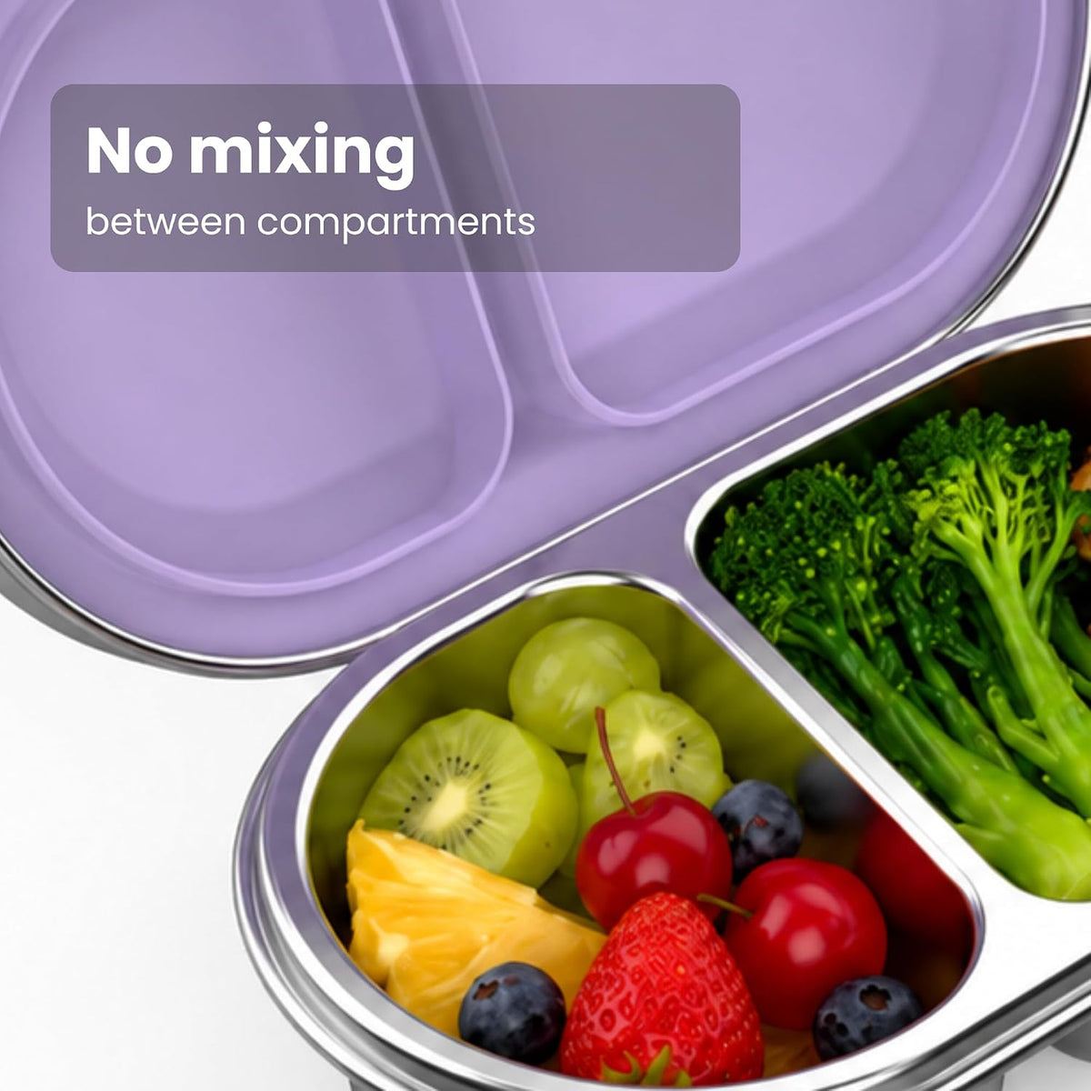 Purple divided snack box with fruit and broccoli – no mixing between compartments