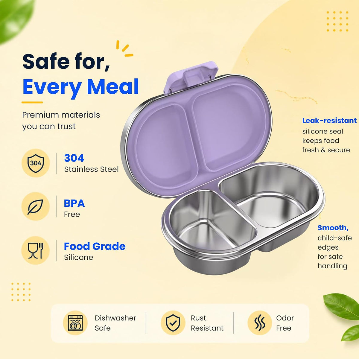Purple stainless steel snack box made from 304 stainless steel, BPA free with food grade silicone seal