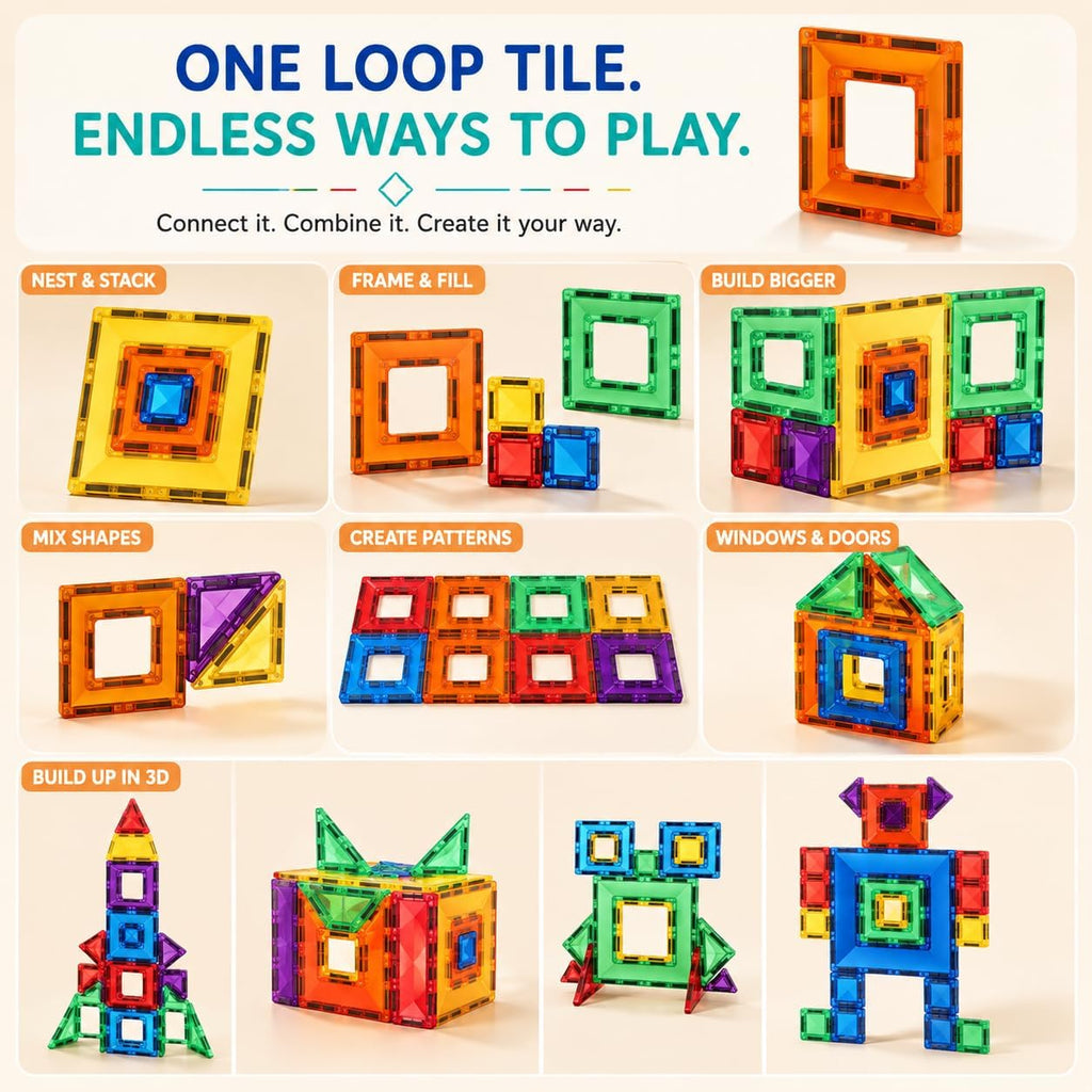 Loop magnetic tiles build rockets, robots, castles and animals – endless ways to play