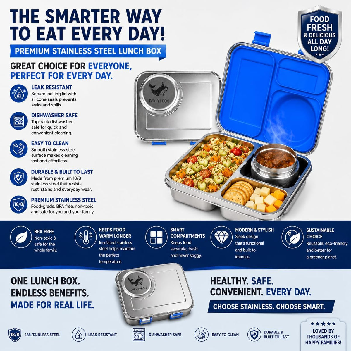 Premium stainless steel lunch box features – food grade, leakproof, 3 compartments plus insulated food jar