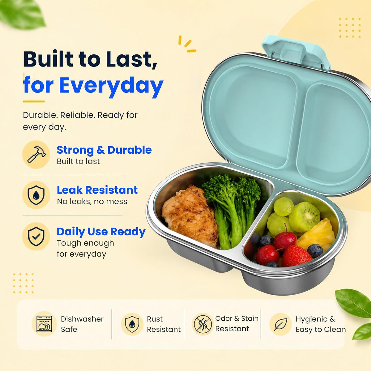 Durable leak resistant green snack box with chicken, broccoli and fruit – built for everyday use