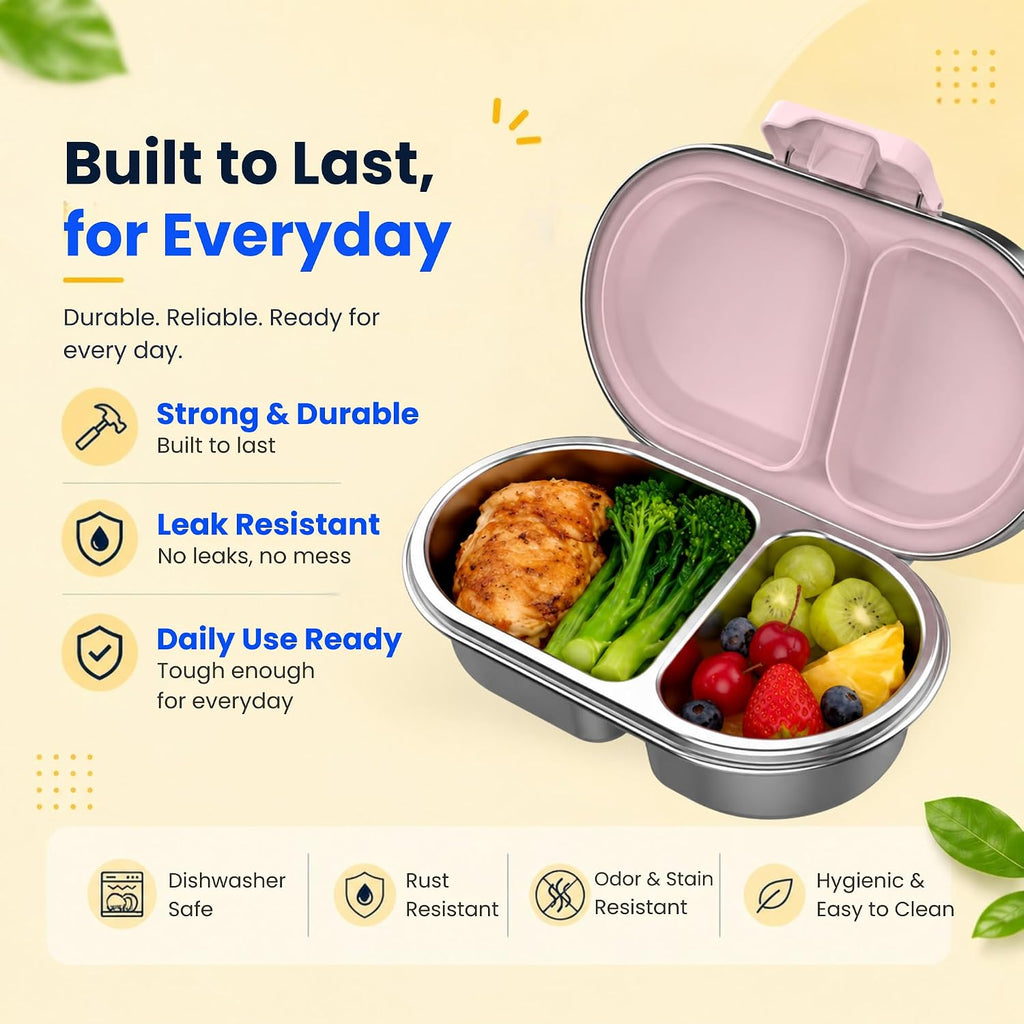 Durable leak resistant stainless steel snack box built for everyday use – pink lid