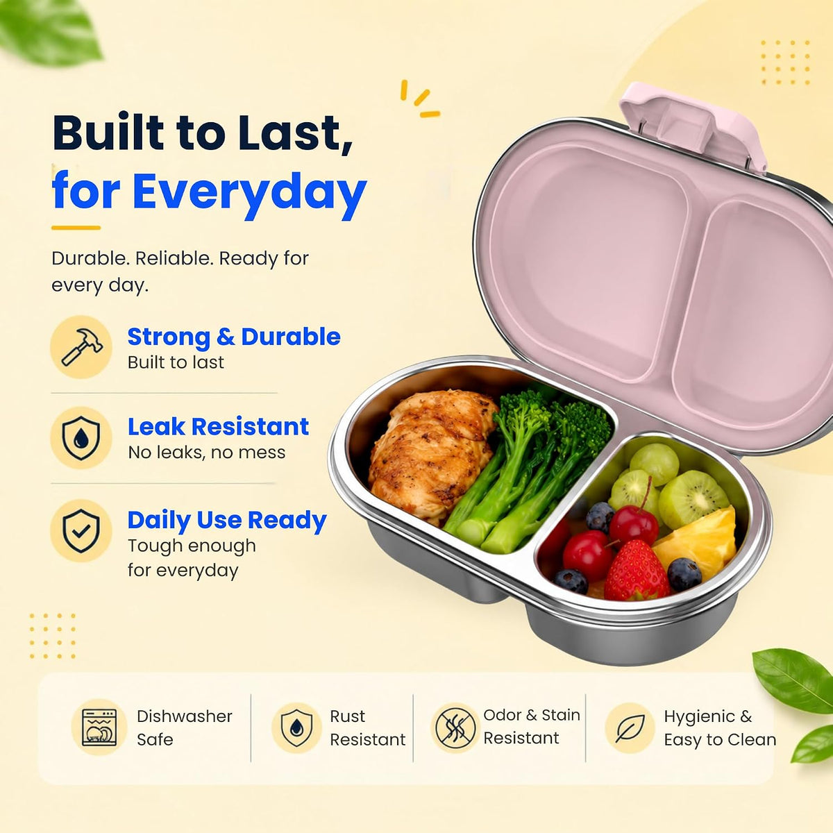 Durable leak resistant stainless steel snack box built for everyday use – pink lid