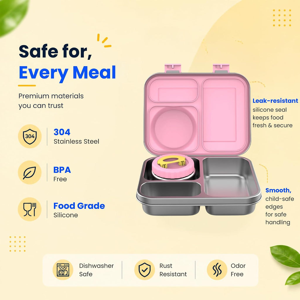 Safe lunch box materials – 304 stainless steel, BPA free and food grade silicone, dishwasher safe