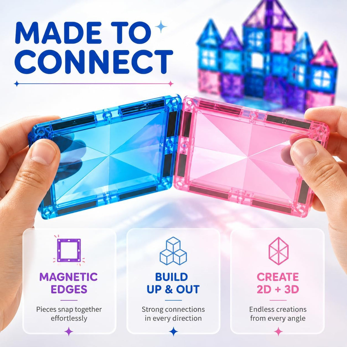 Strong magnets inside magnetic tiles snap together firmly – made to connect with other magnetic tile brands