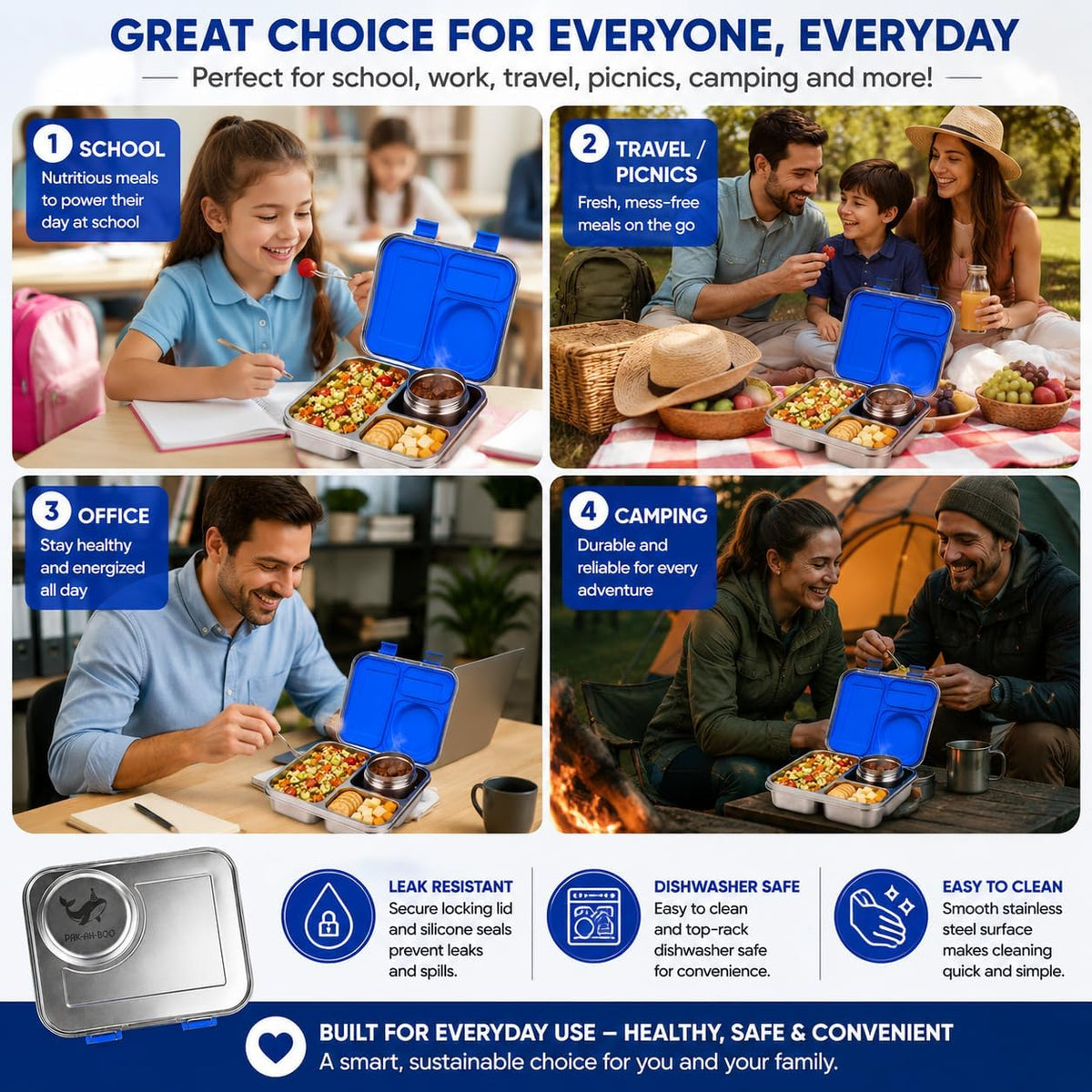 Lunch box for school, family picnics, office and camping – stainless steel lunch box for kids and adults