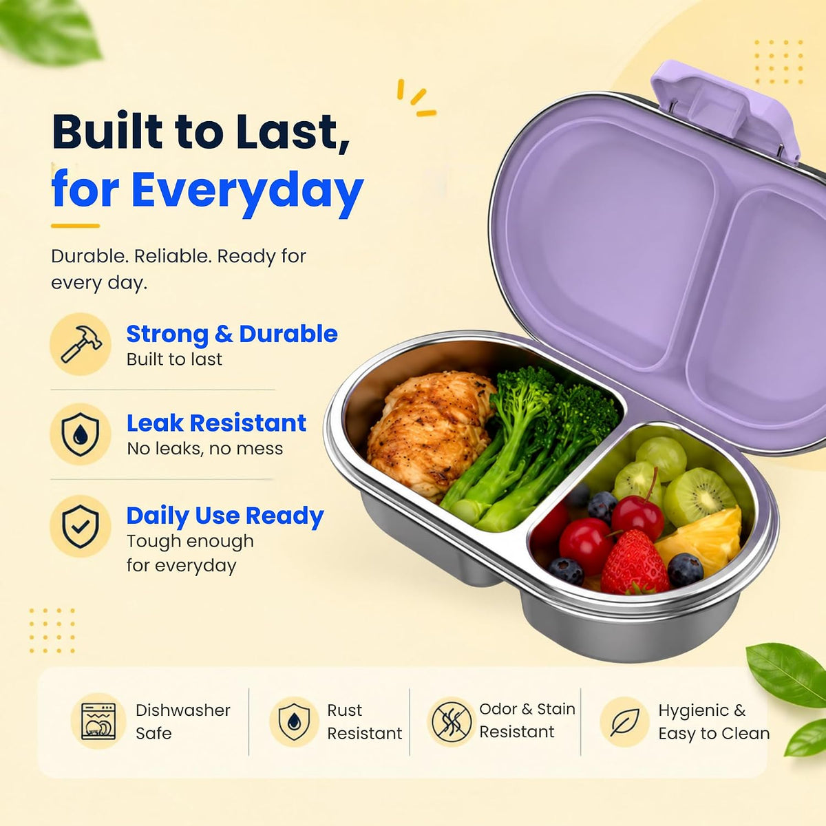 Durable leak resistant purple snack box with chicken, broccoli and fruit – built for everyday use
