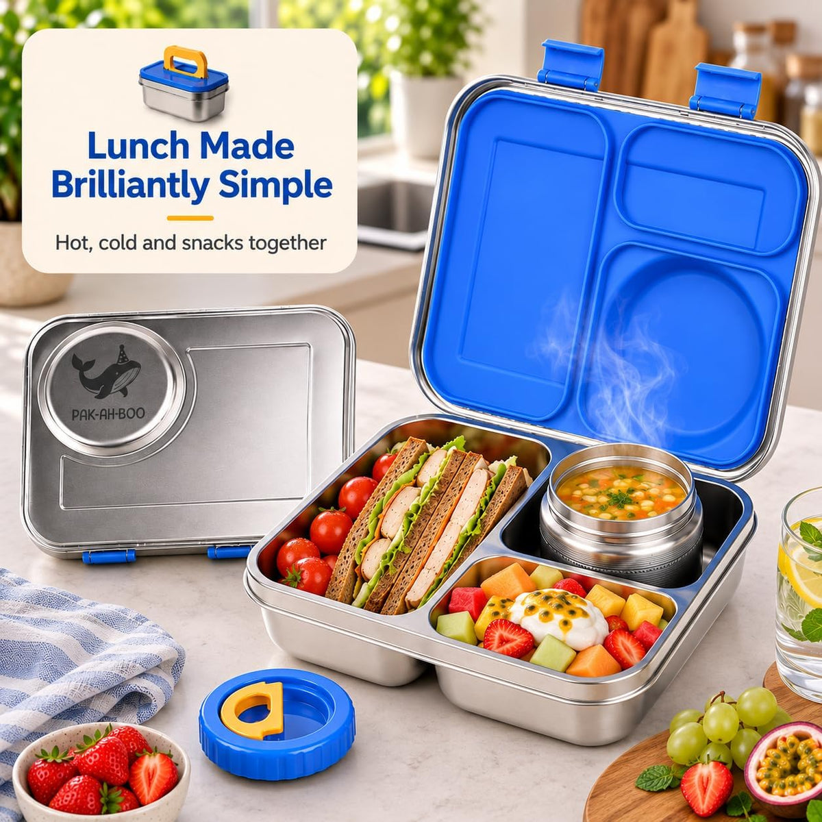 Stainless steel bento lunch box with sandwich, salad and hot soup in insulated food jar – hot, cold and snacks together