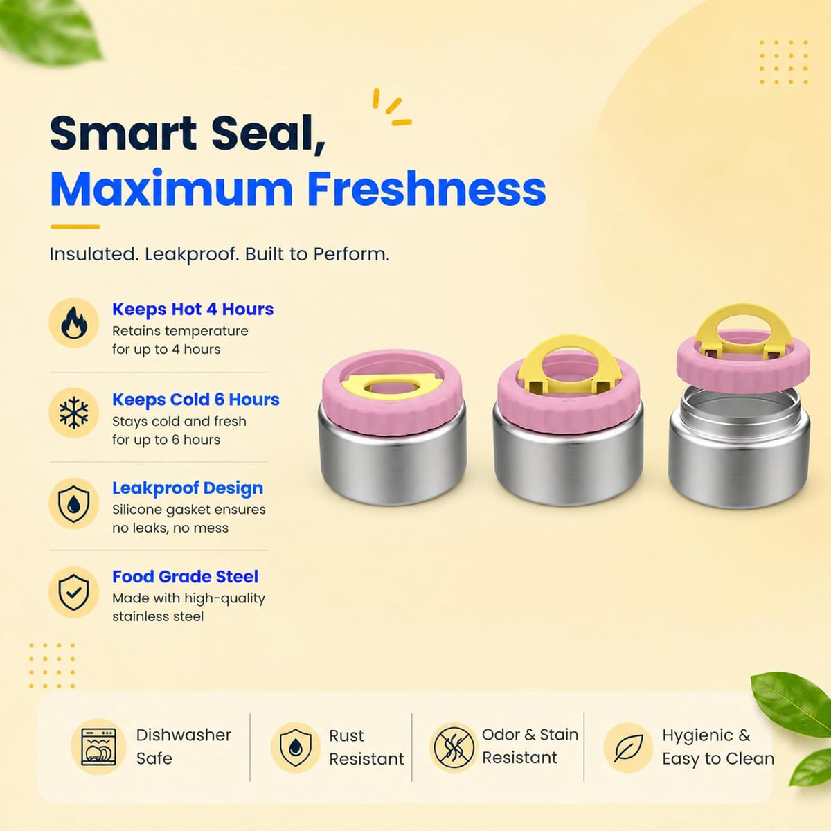 Leakproof insulated food jar with pink smart seal lid keeps food hot or cold for hours