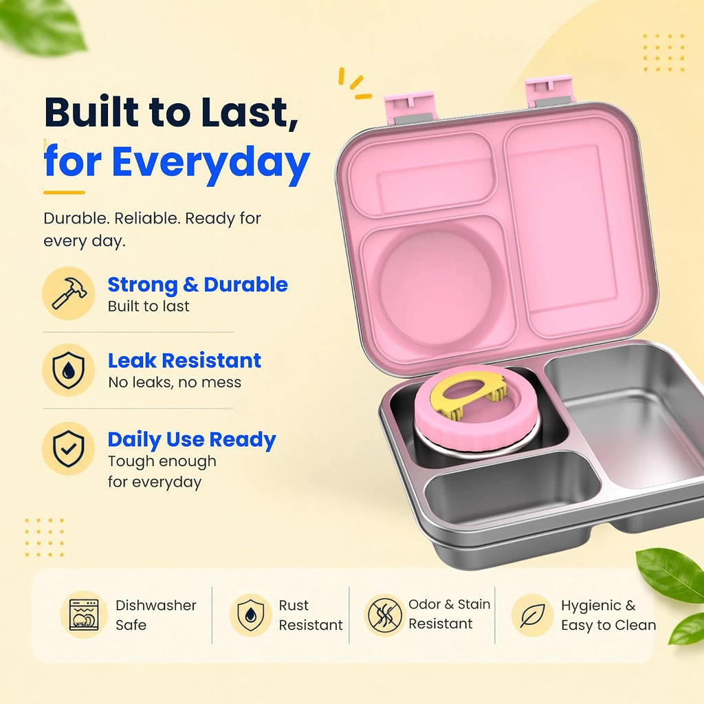 Durable leak resistant pink stainless steel lunch box built for everyday school use
