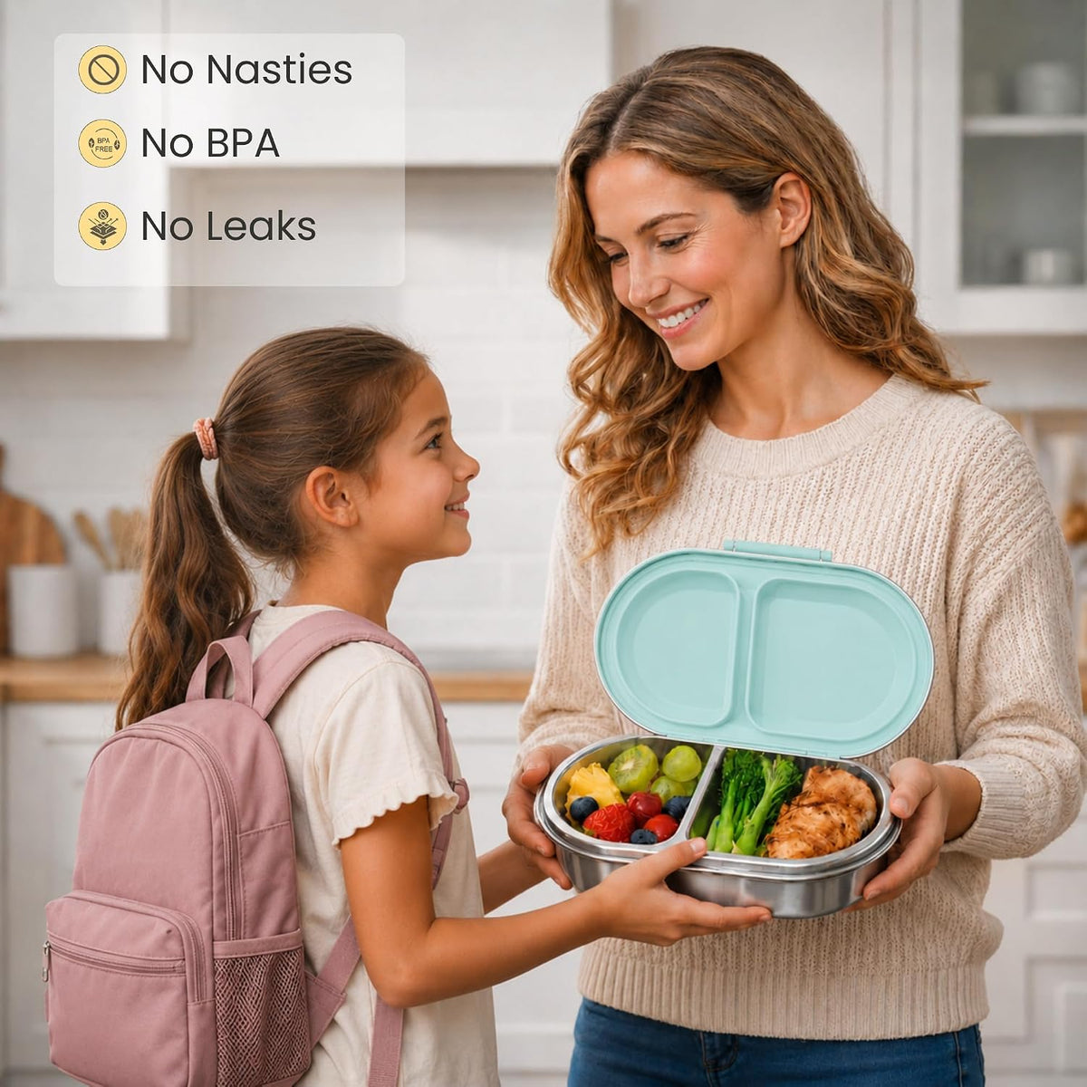 Mum handing daughter a stainless steel snack box for school – no plastic, BPA free and leakproof