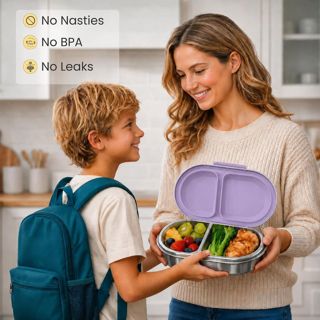 Mum handing son a purple stainless steel snack box for school – no plastic, BPA free, no leaks