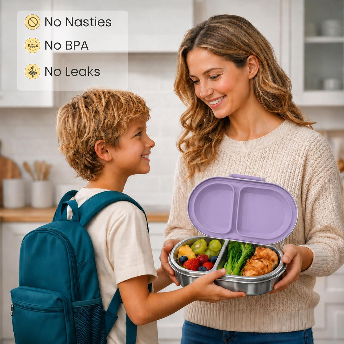 Mum handing son a purple stainless steel snack box for school – no plastic, BPA free, no leaks
