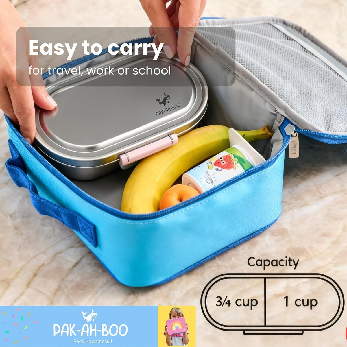 Stainless steel snack box packed in a blue lunch bag – easy to carry for travel, work or school