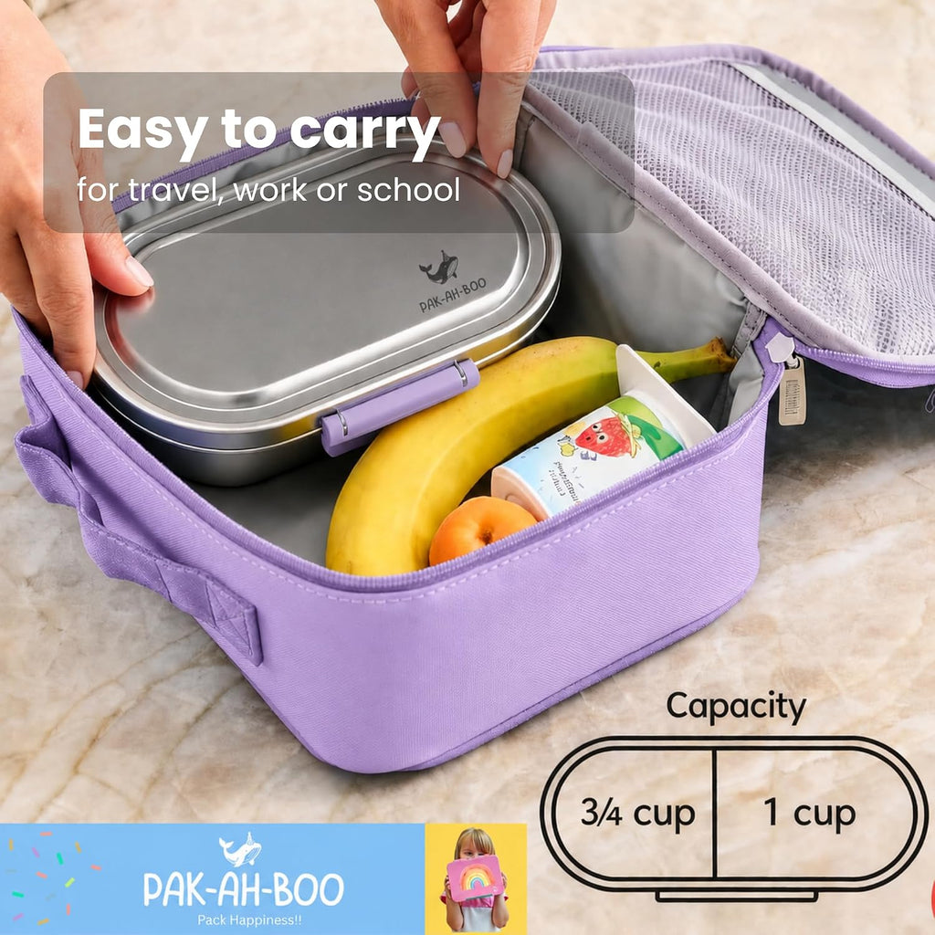 Stainless steel snack box packed in a purple lunch bag with banana and juice – easy to carry