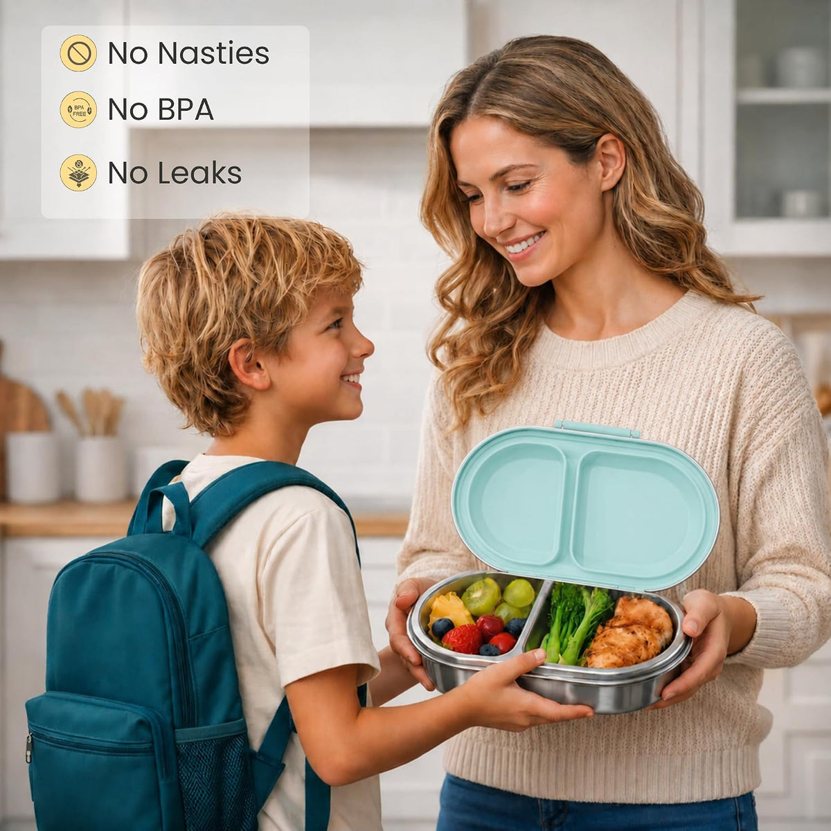 Mum handing son a green stainless steel snack box for school – no plastic, BPA free, no leaks