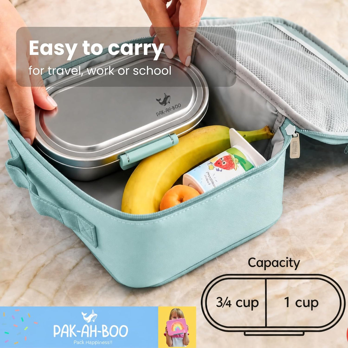 Stainless steel snack box packed in a green lunch bag with banana and juice – easy to carry for school