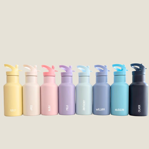 PAK-AH-BOO 400ml engraved kids water bottles with carry handle in 8 colours