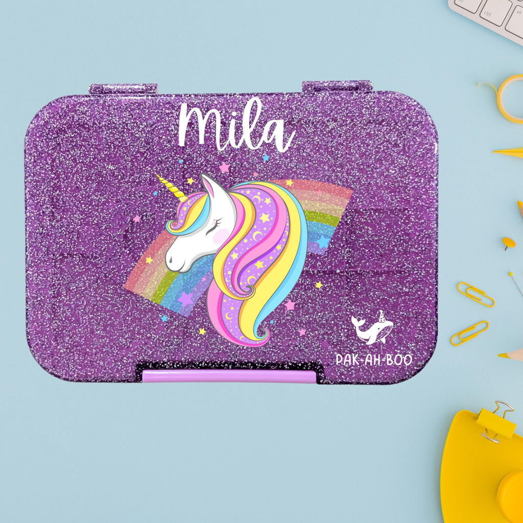 Personalized Kids Bento Box: Purple Glitter Unicorn, Tritan Tray